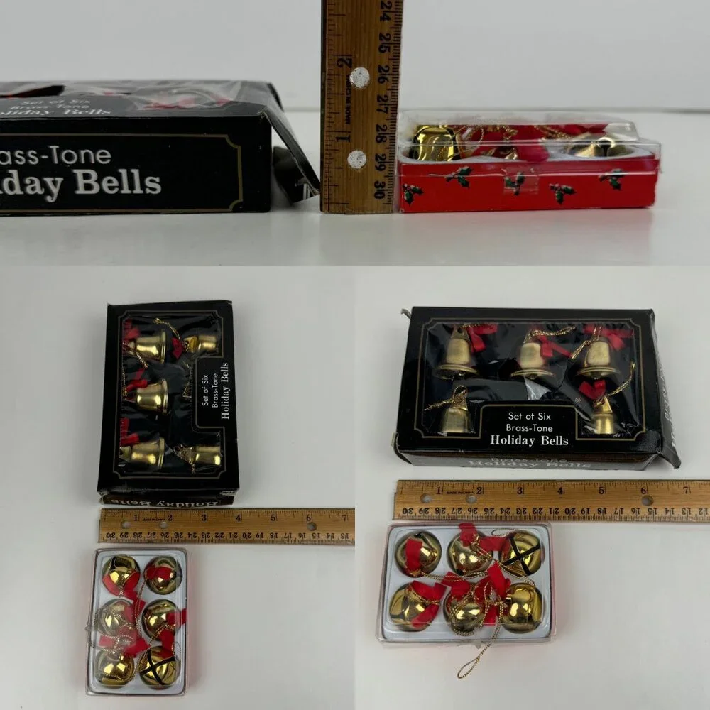 2 Vtg Pkgs Christmas Gold‎ Brass Tone Bells Jingle w Red Ribbon w Orig Box READ